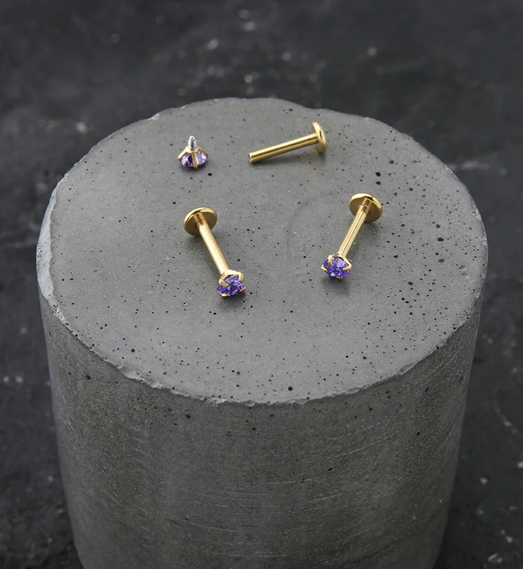 Gold PVD Heart Amethyst CZ Stainless Steel Internally Threaded Labret - Image 2