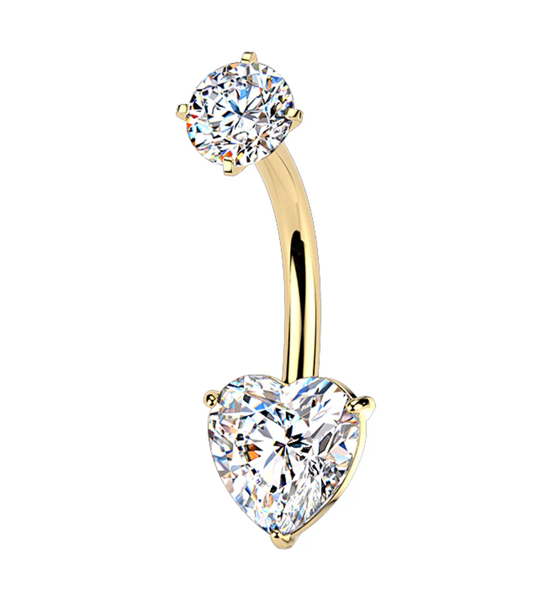 Gold PVD Heart CZ Stainless Steel Internally Threaded Belly Button Ring