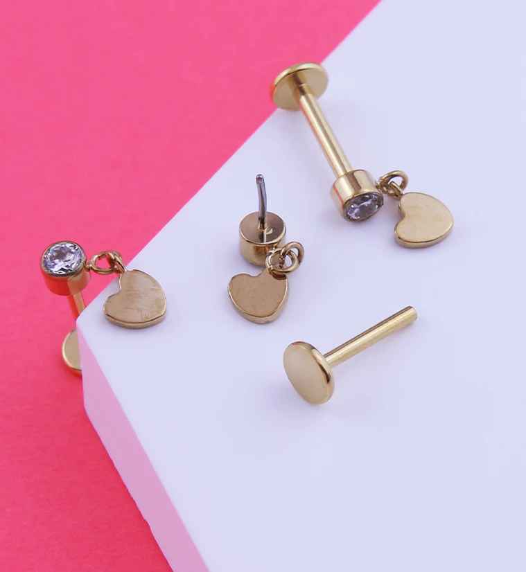 Gold PVD Heart Dangle Clear CZ Titanium Threadless Labret - Image 2