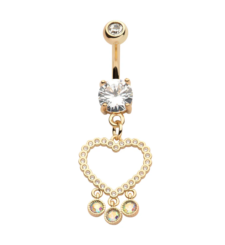 Gold PVD Heart Dangle Rainbow Aurora CZ Trio Stainless Steel Belly Button Ring