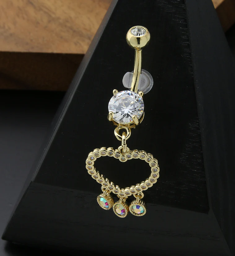 Gold PVD Heart Dangle Rainbow Aurora CZ Trio Stainless Steel Belly Button Ring - Image 2