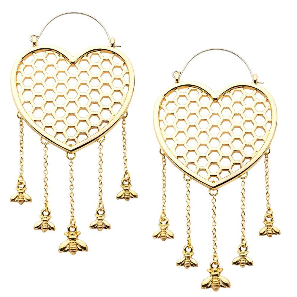 Golden Heart Honeycomb Dangle Bee Stainless Steel Plug Hoops