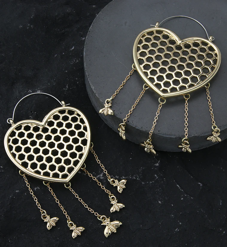 Golden Heart Honeycomb Dangle Bee Stainless Steel Plug Hoops - Image 2