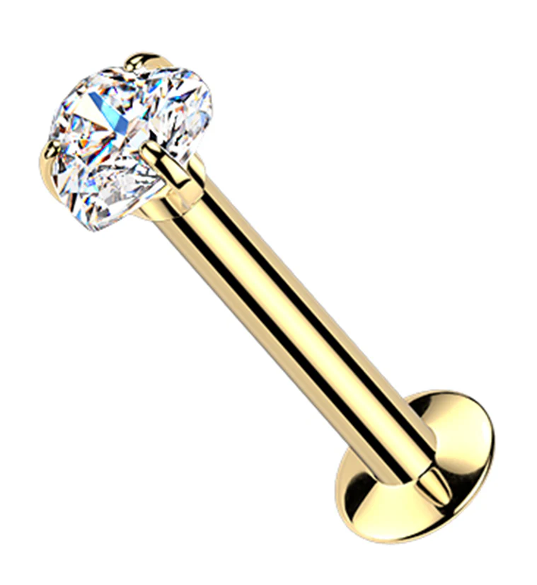 Gold PVD Heart Prong Clear CZ Stainless Steel Threadless Convex Disk Labret