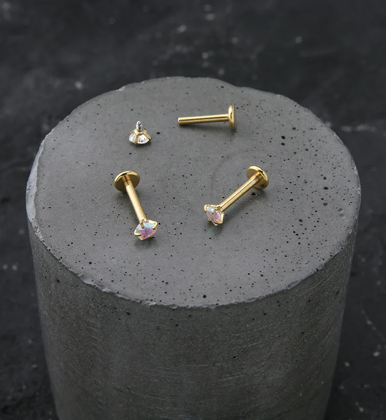Gold PVD Heart Rainbow Aurora CZ Stainless Steel Internally Threaded Labret - Image 2