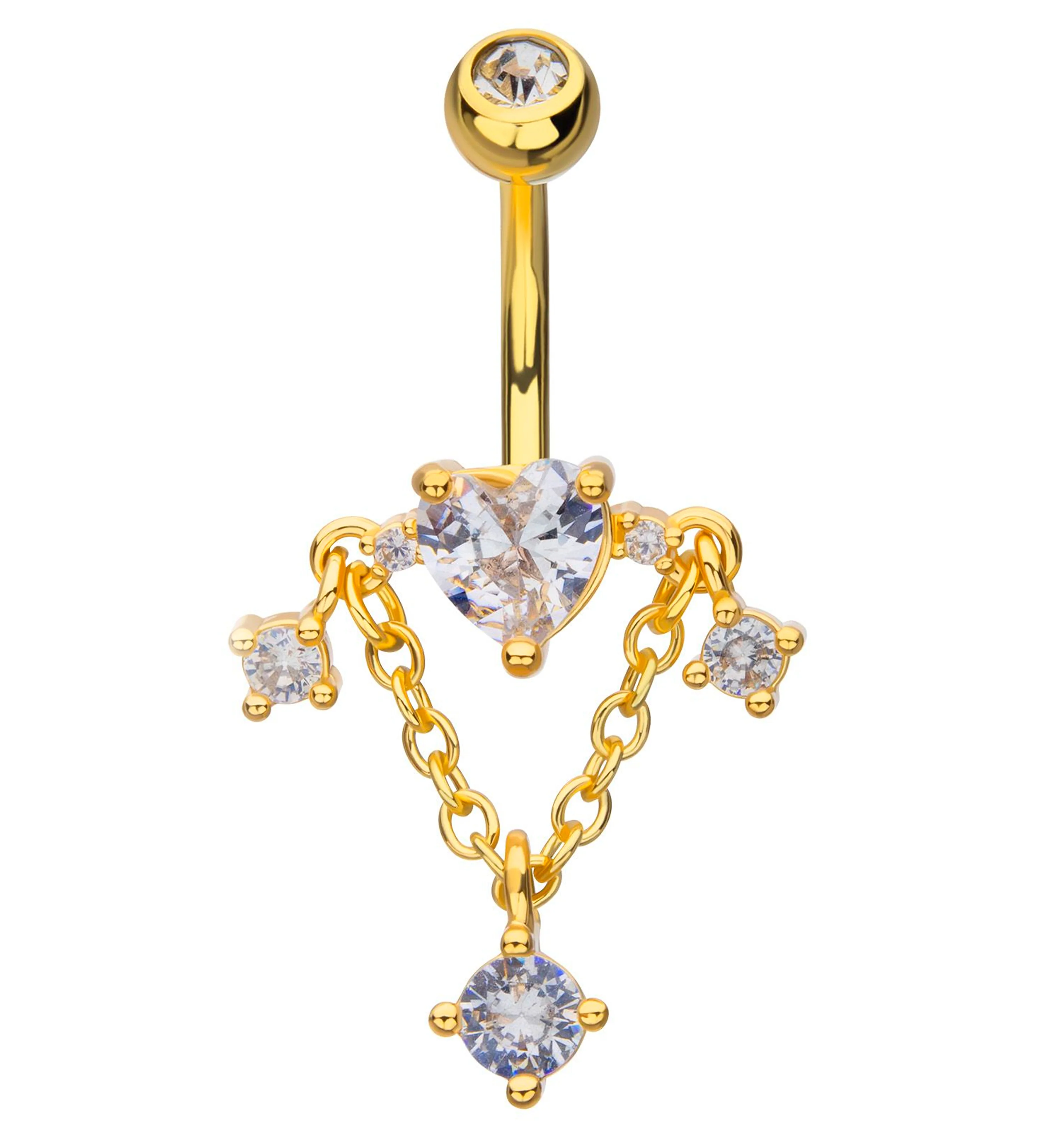 Gold PVD Heart Triple Clear CZ Dangle Chain Stainless Steel Belly Button Ring