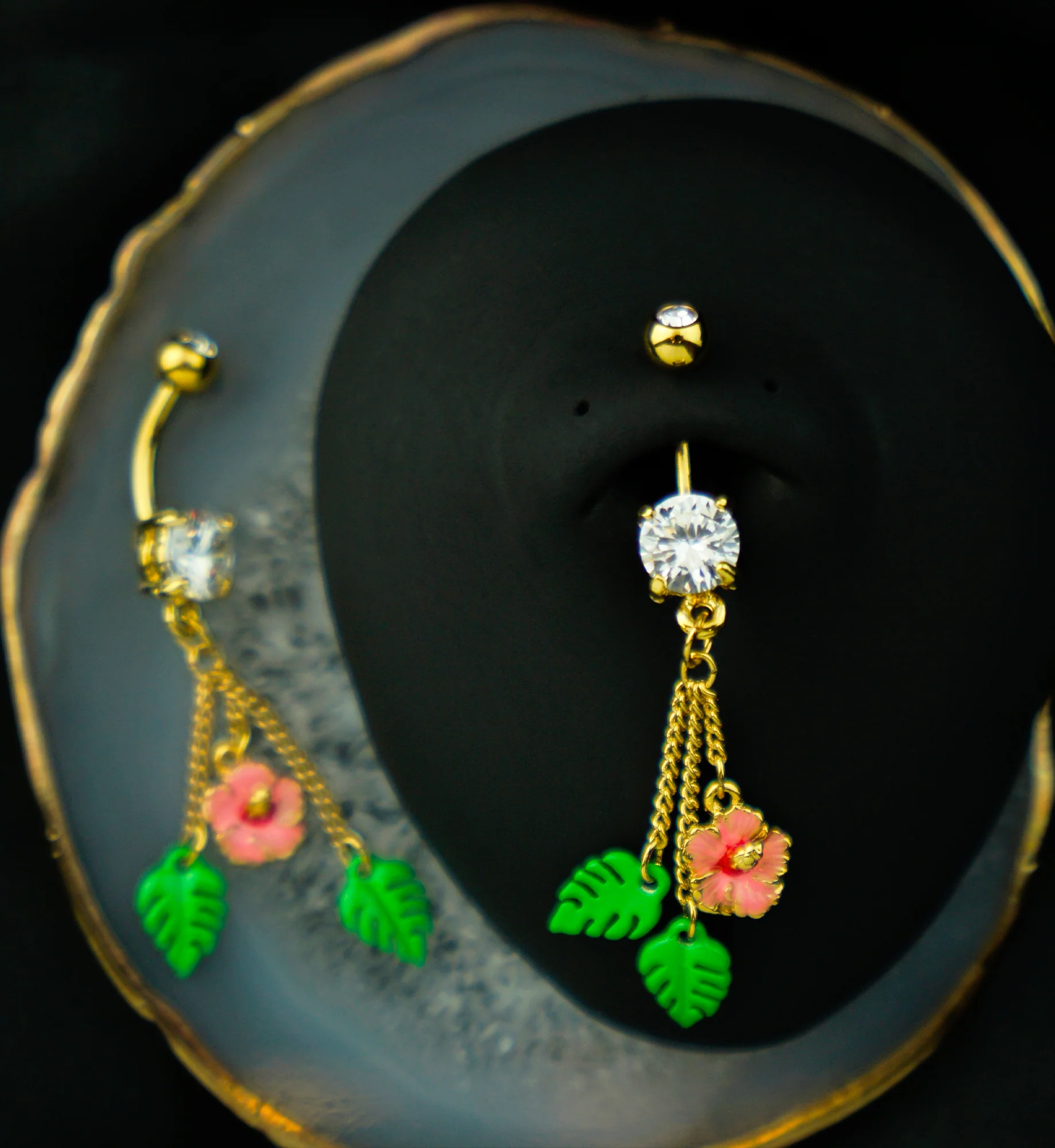 Gold PVD Hibiscus Flower Clear CZ Dangle Stainless Steel Belly Button Ring - Image 2