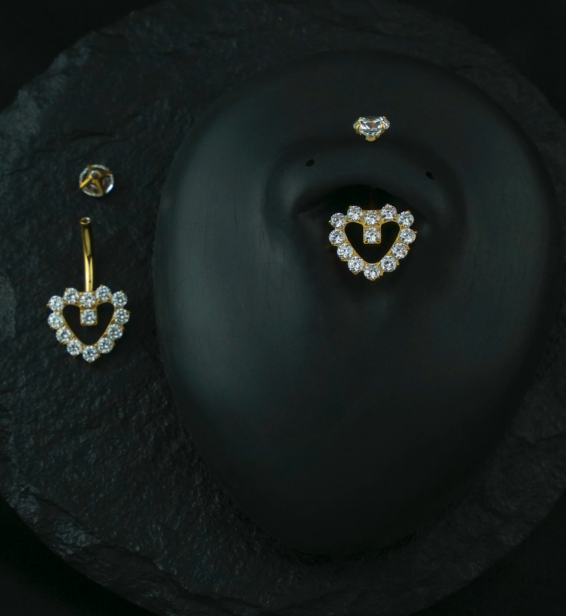 Gold PVD Hollow Heart Clear CZ Titanium Internally Threaded Belly Button Ring - Image 2