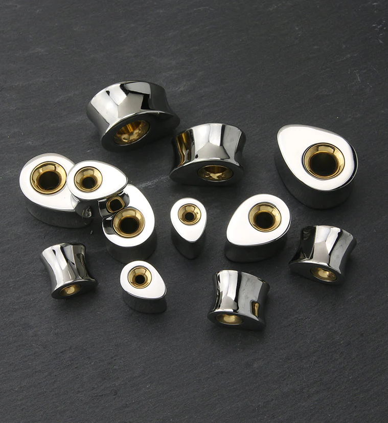 Hollow Golden Tunnel Stainless Steel Teardrop Plugs - Image 2