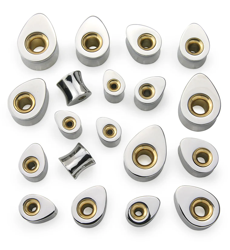 Hollow Golden Tunnel Stainless Steel Teardrop Plugs - Image 3