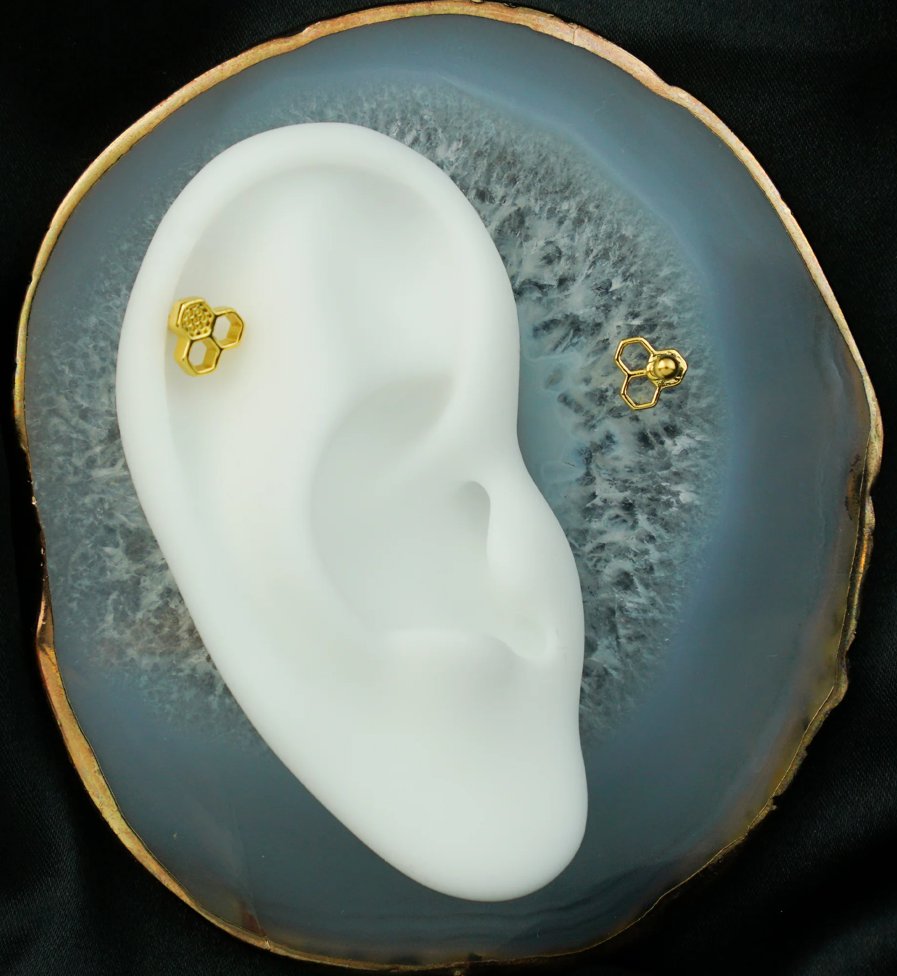 Gold PVD Honeycomb Cutout Cartilage Barbell - Image 2