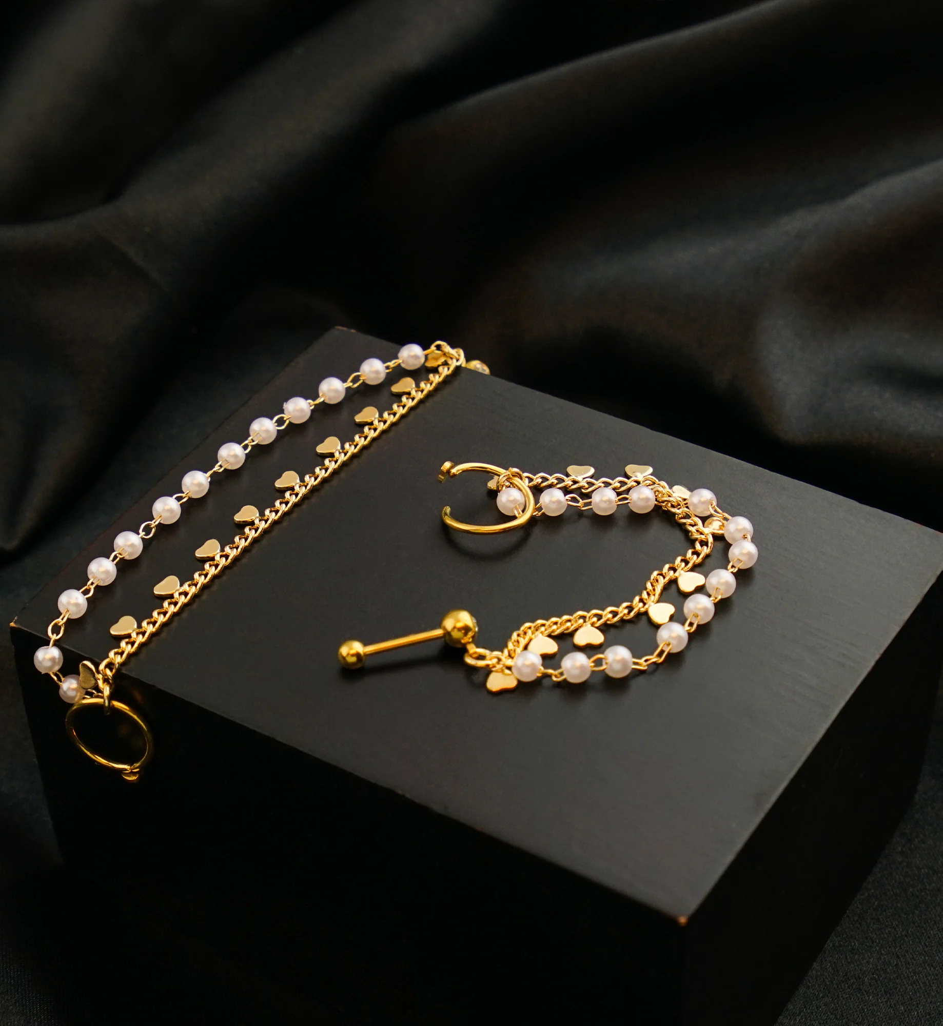 Gold PVD Hoop/Barbell Clear CZ Stainless Steel Pearl And Heart Dual Piercing Chain - Image 2