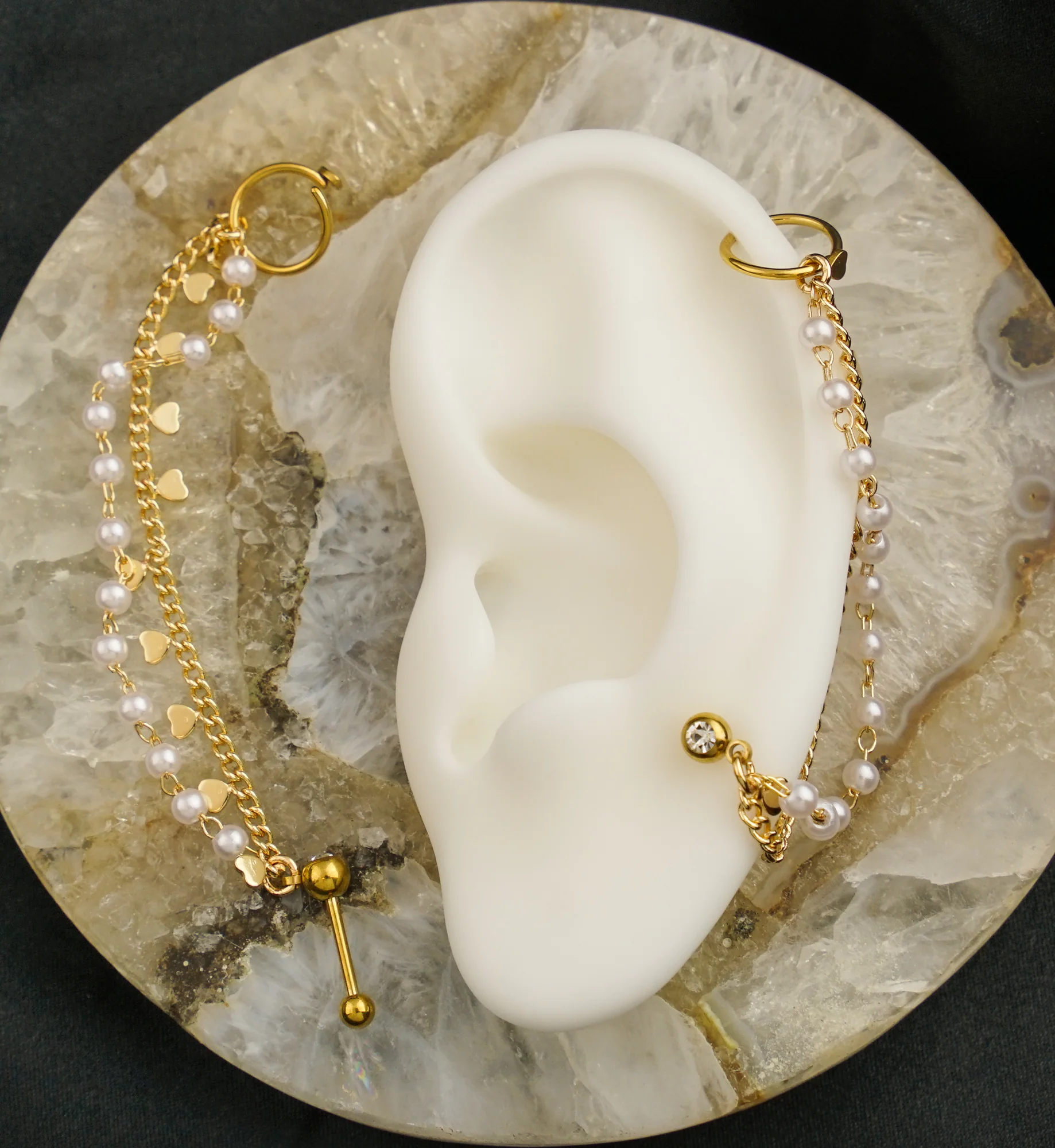 Gold PVD Hoop/Barbell Clear CZ Stainless Steel Pearl And Heart Dual Piercing Chain - Image 3