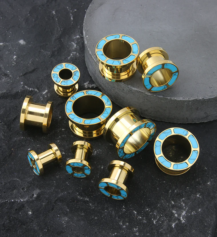 Gold PVD Howlite Turquoise Rim Stainless Steel Tunnel Plugs - Image 2