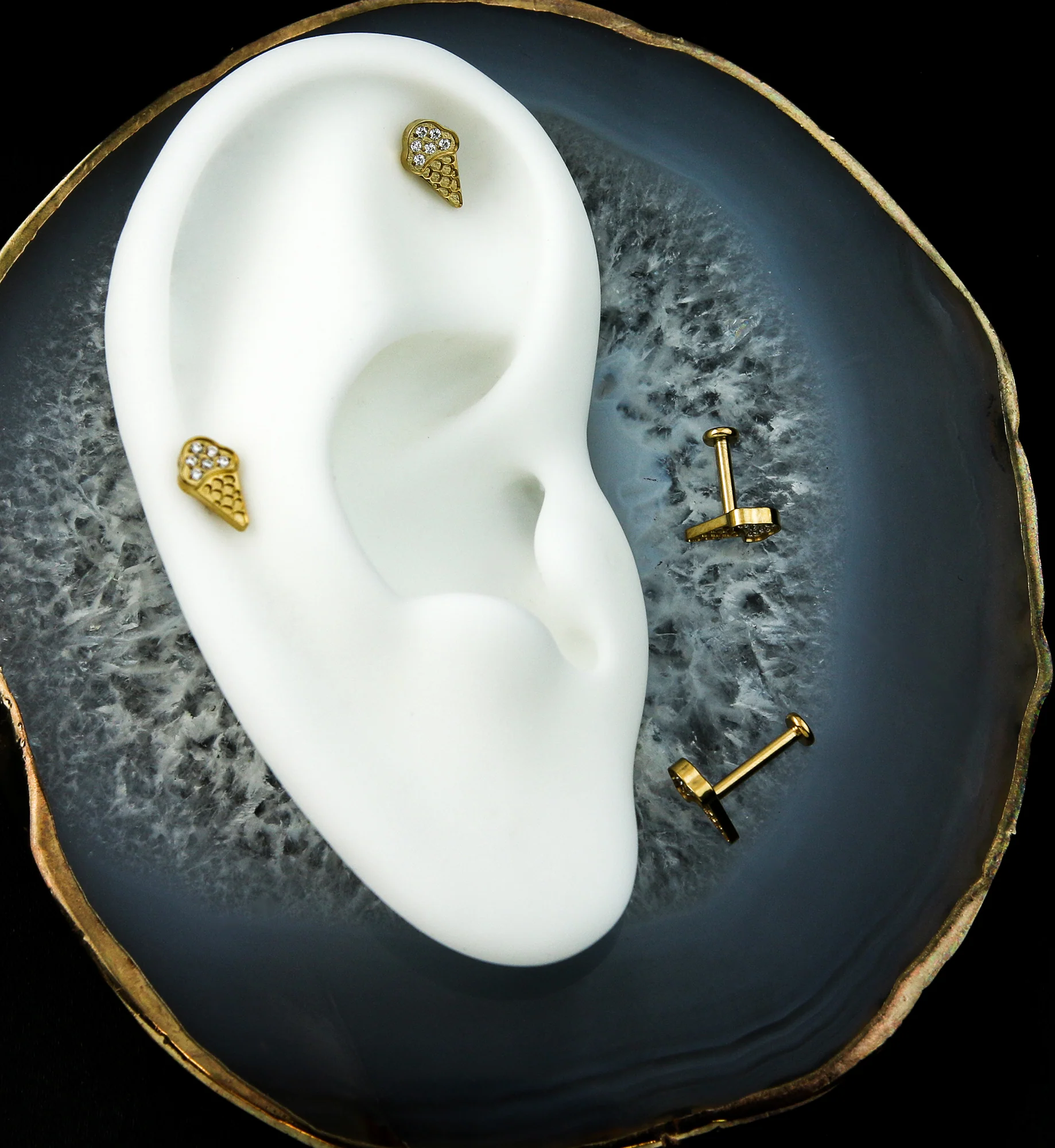 Gold PVD Ice Cream Cone Clear CZ Internally Threaded Titanium Labret Post - Image 2