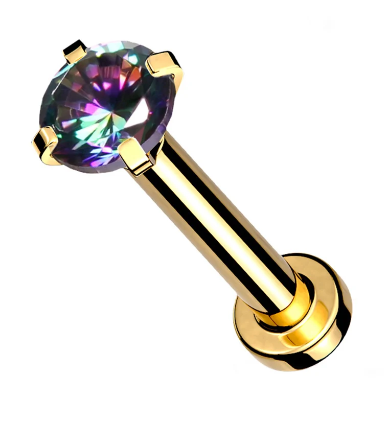 Gold PVD Internally Threaded Black Aurora CZ Prong Mini Disc Labret