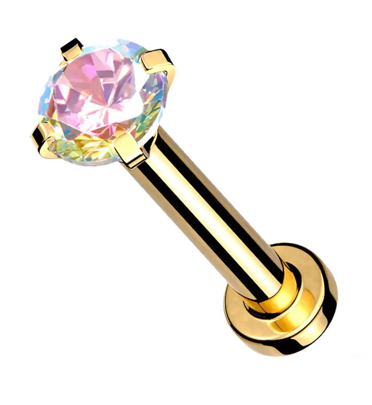 Gold PVD Internally Threaded Rainbow Aurora CZ Prong Mini Disc Labret