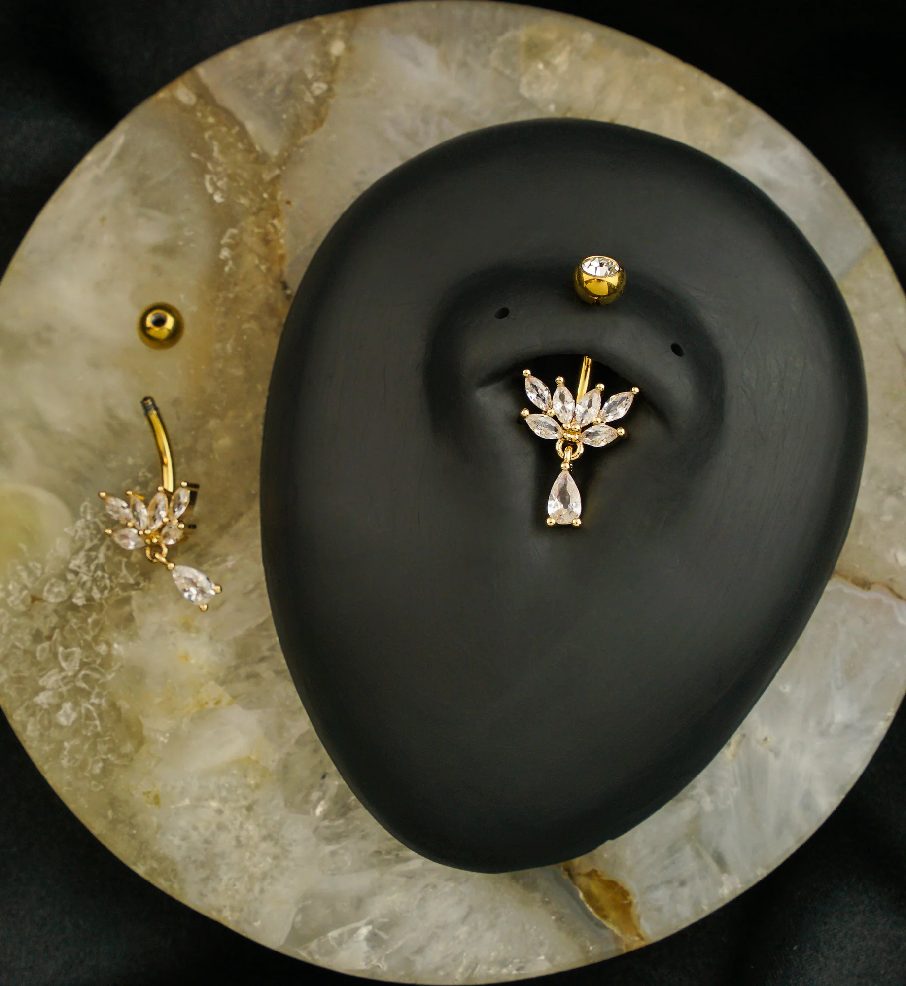 Gold PVD Laurel Clear CZ Teardrop Dangle Titanium Belly Button Ring - Image 2