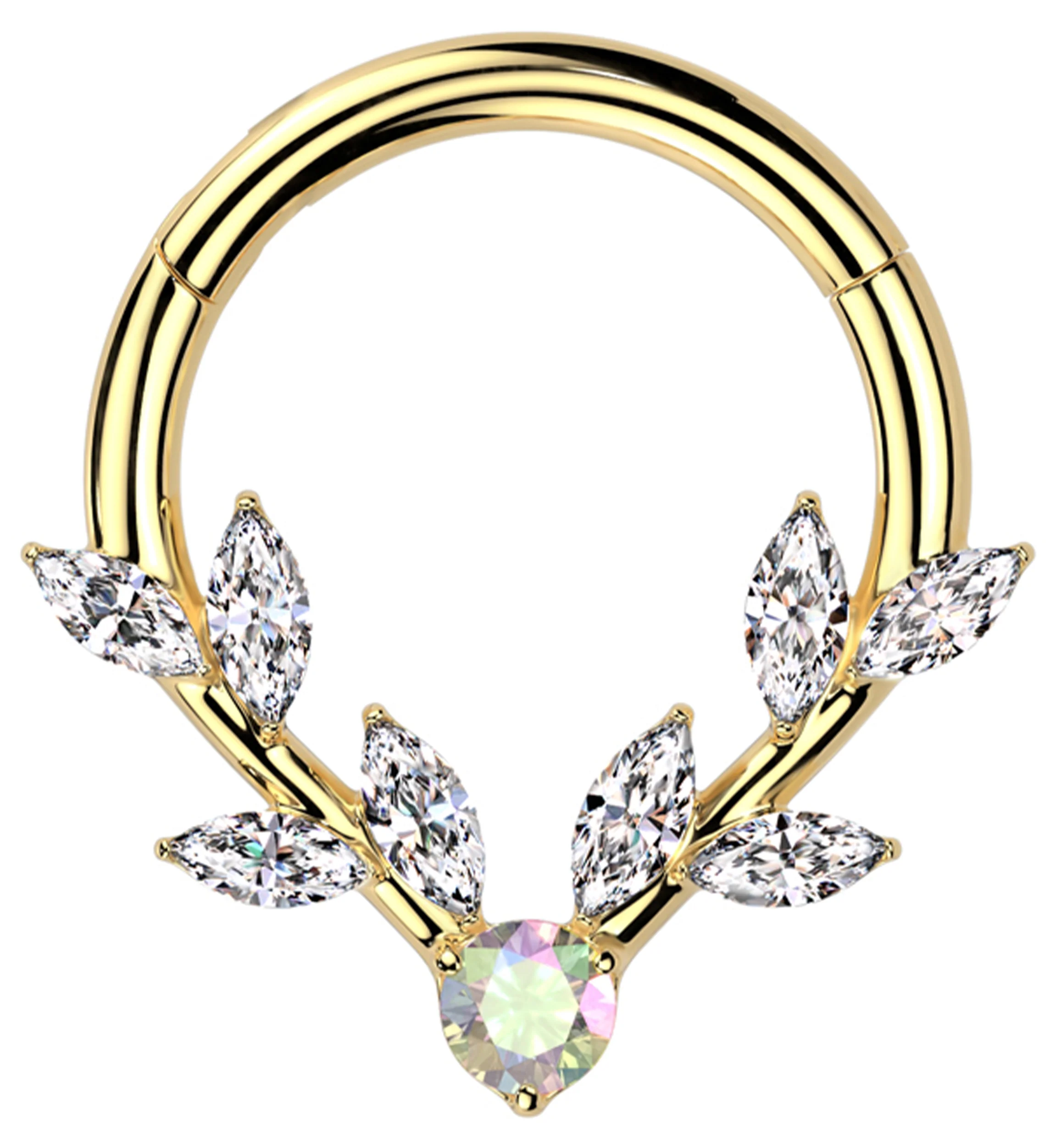 Gold PVD Laurel Vine Clear And Rainbow Aurora CZ Stainless Steel Hinged Segment Ring