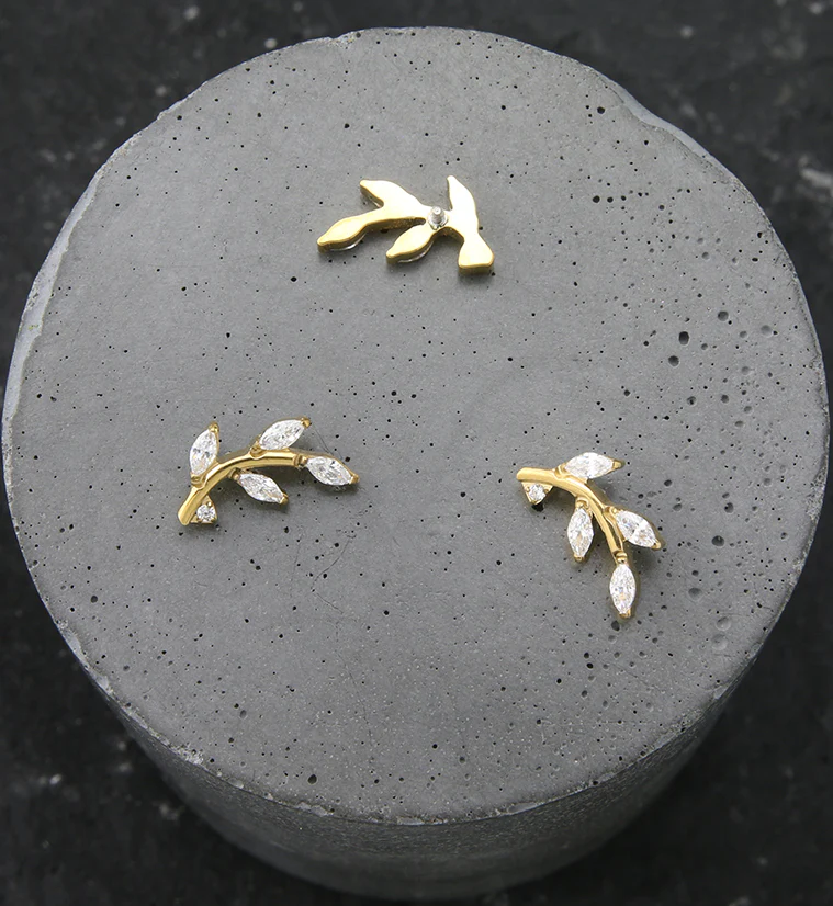 Gold PVD Leaf Clear CZ Internally Threaded Titanium Top - Image 2