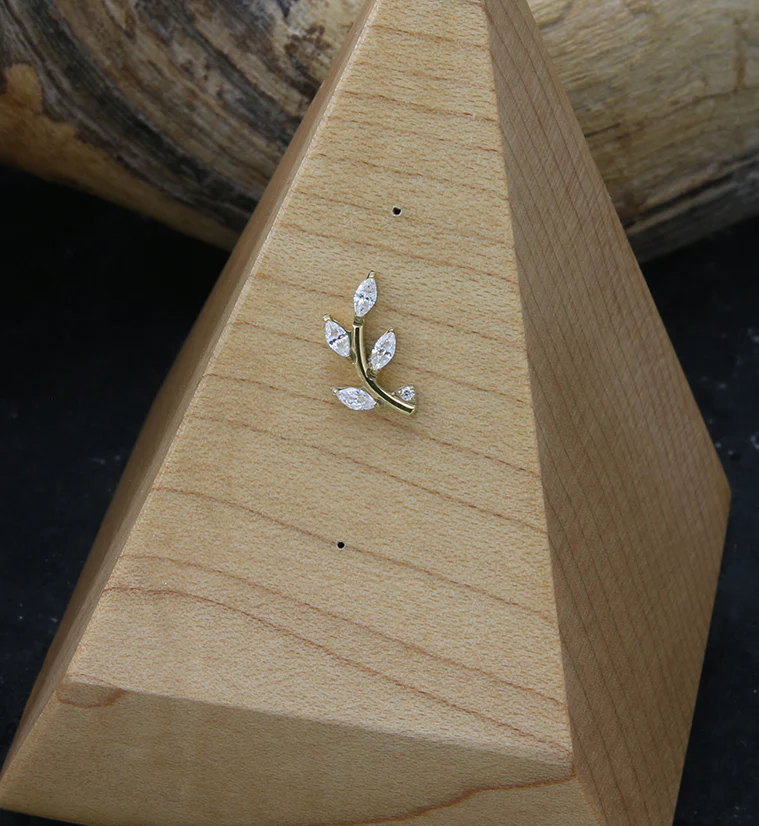 Gold PVD Leaf Clear CZ Threadless Titanium Top - Image 2