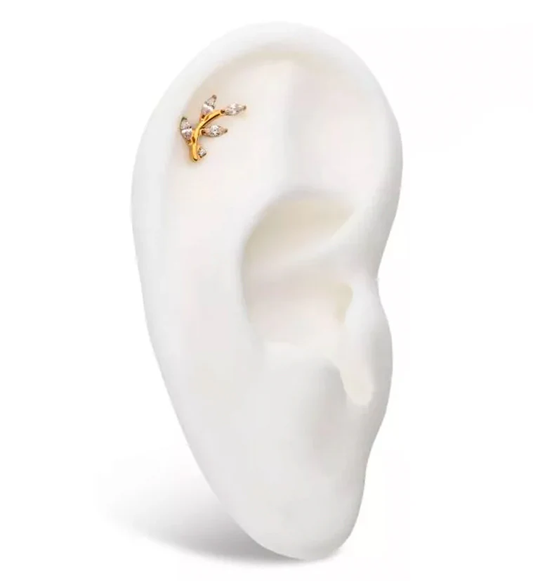 Gold PVD Leaf Clear CZ Threadless Titanium Top - Image 3