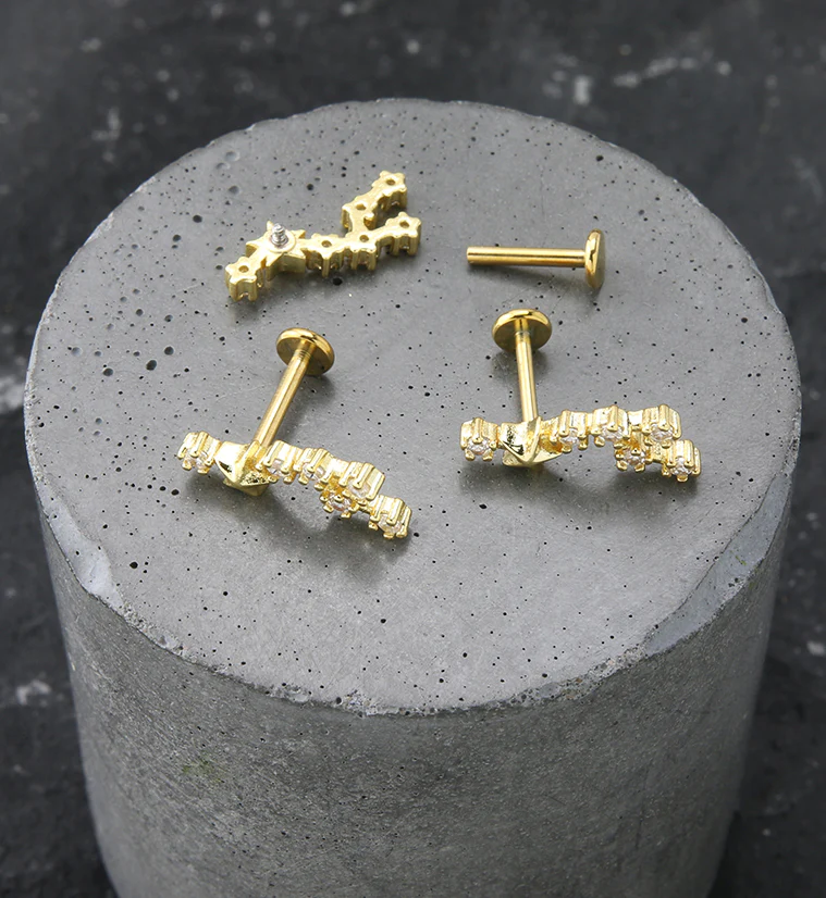 Gold PVD Leo Constellation Clear CZ Stainless Steel Internally Threaded Labret - Image 2