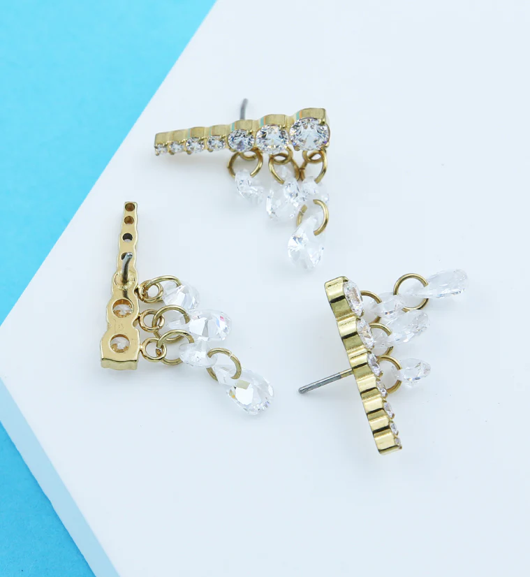Gold PVD Long Descending Clear CZ Dangle Charms Titanium Threadless Top - Image 2