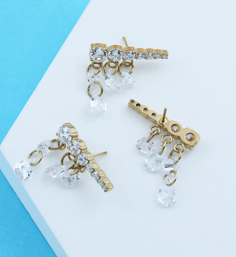 Gold PVD Long Descending Clear CZ Dangle Charms Titanium Threadless Top - Image 4