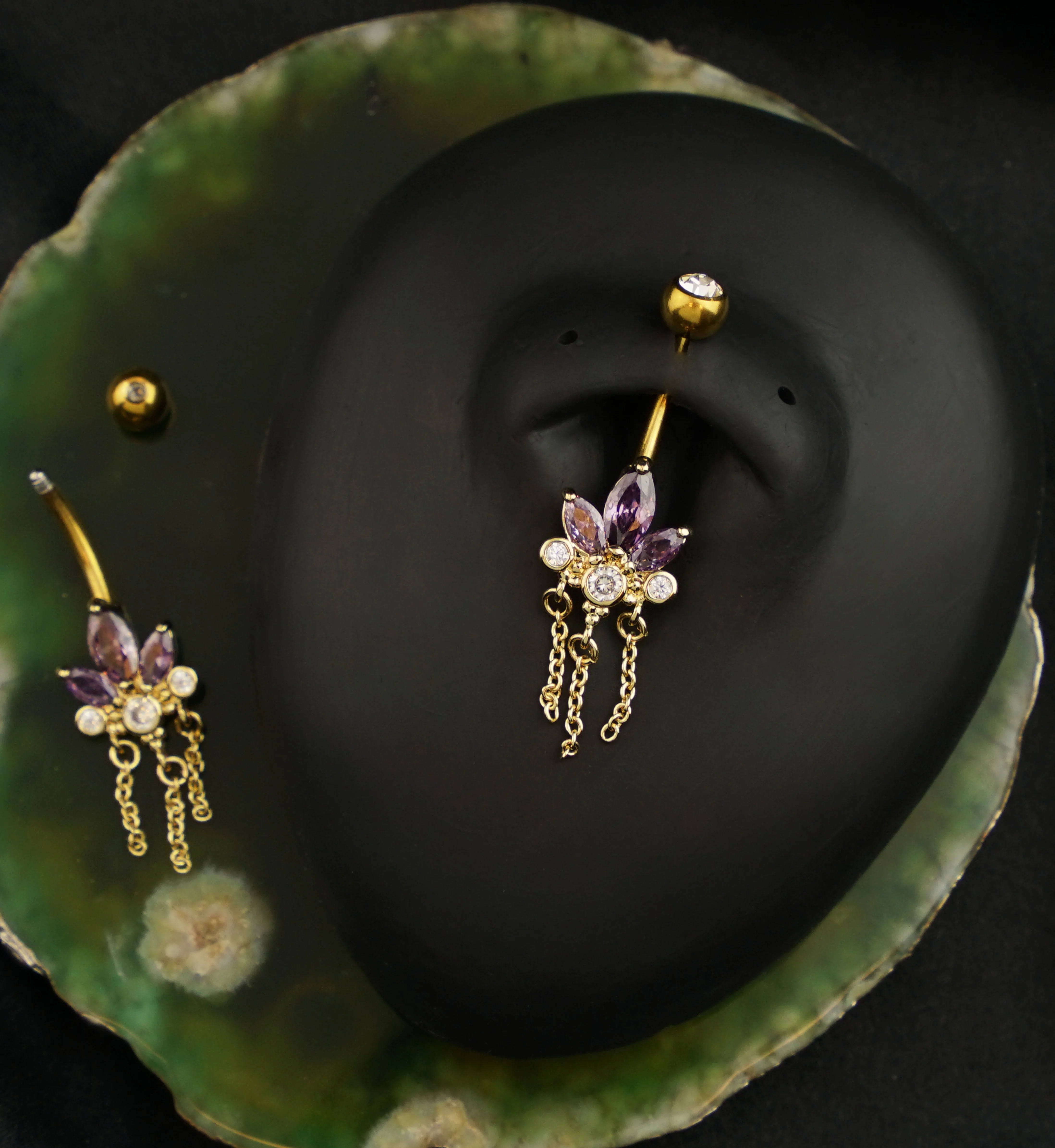 Gold PVD Lotus Flower Amethyst CZ Triple Chain Dangle Stainless Steel Belly Button Ring - Image 2
