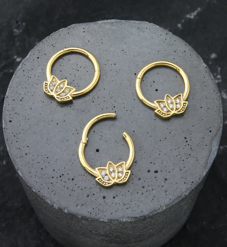 Gold PVD Lotus Flower Clear CZ Stainless Steel Hinged Segment Ring - Image 2