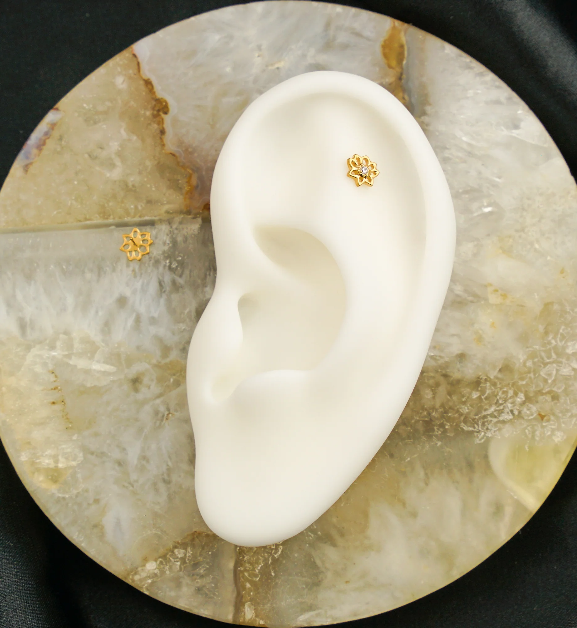 Gold PVD Lotus Flower Cutout Clear CZ Threadless Titanium Top - Image 2