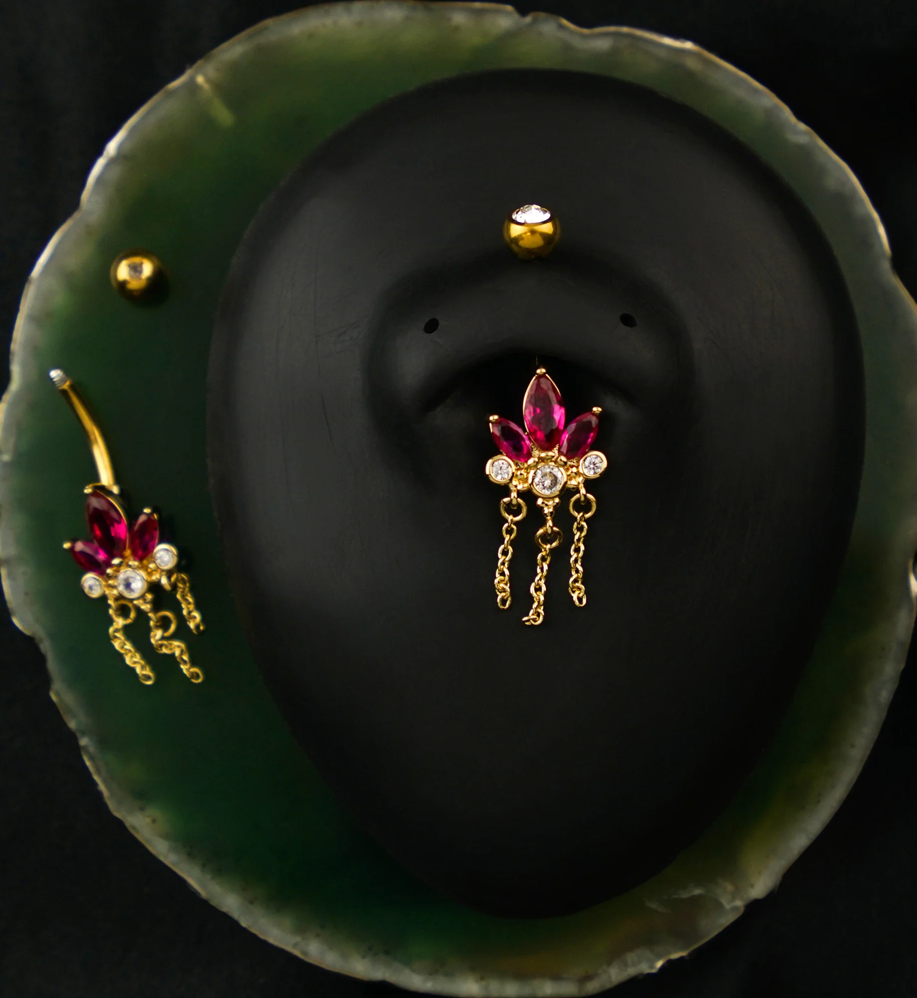 Gold PVD Lotus Flower Fuchsia CZ Triple Chain Dangle Stainless Steel Belly Button Ring - Image 2