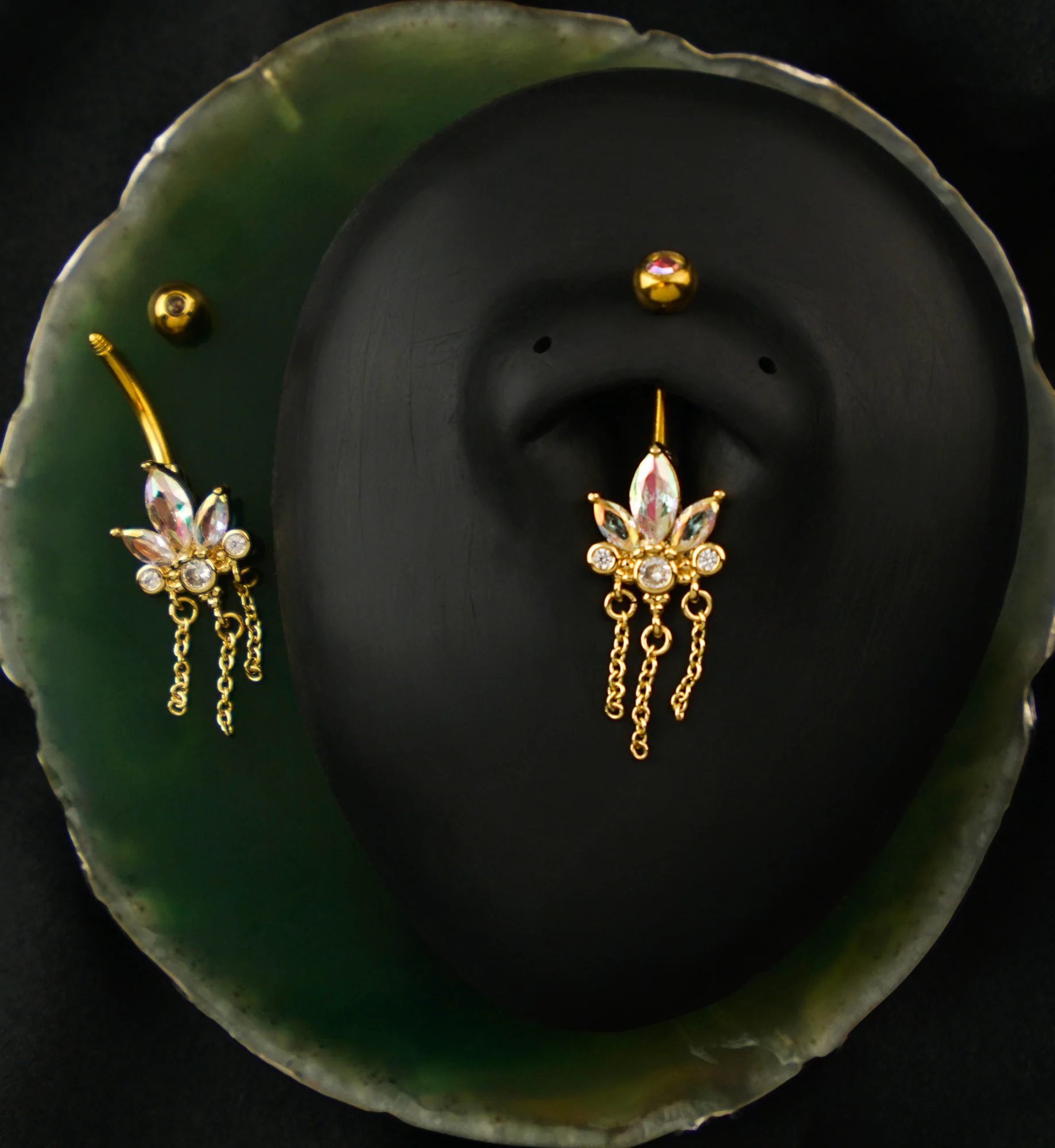 Gold PVD Lotus Flower Rainbow Aurora CZ Triple Chain Dangle Stainless Steel Belly Button Ring - Image 2