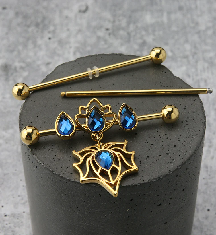 Gold PVD Lotus Spider Blue CZ Industrial Barbell - Image 2