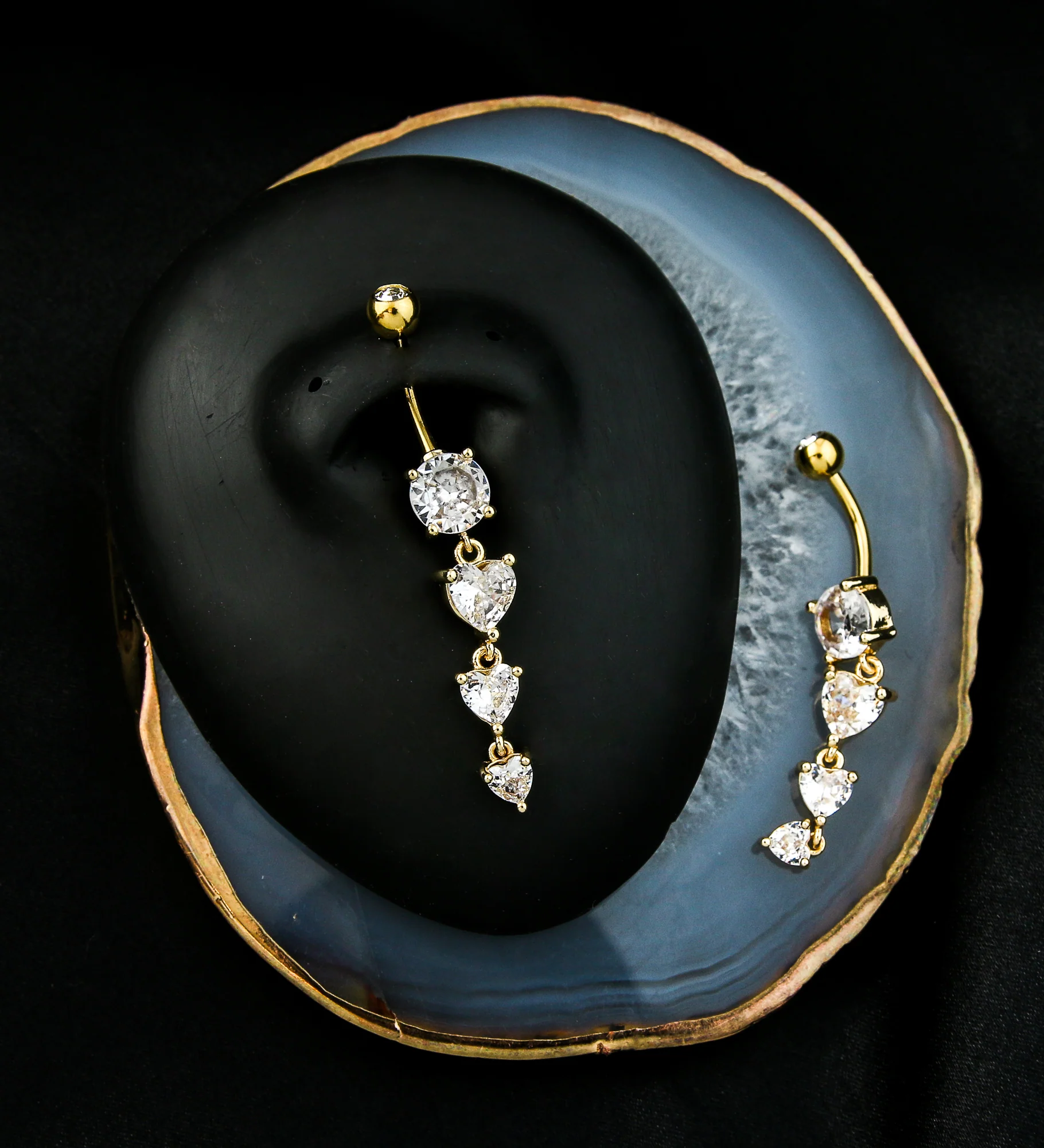 Gold PVD Lovestruck Triple Heart Clear CZ Dangle Stainless Steel Belly Button Ring - Image 2