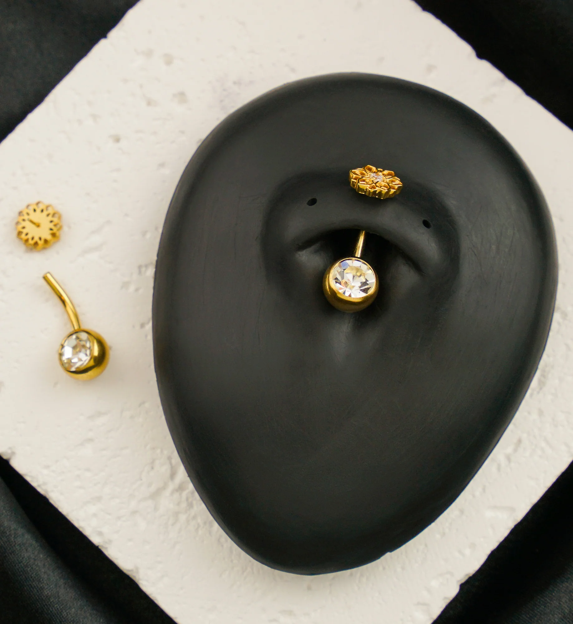Gold PVD Mandala Flower Clear CZ Titanium Threadless Belly Button Ring - Image 2