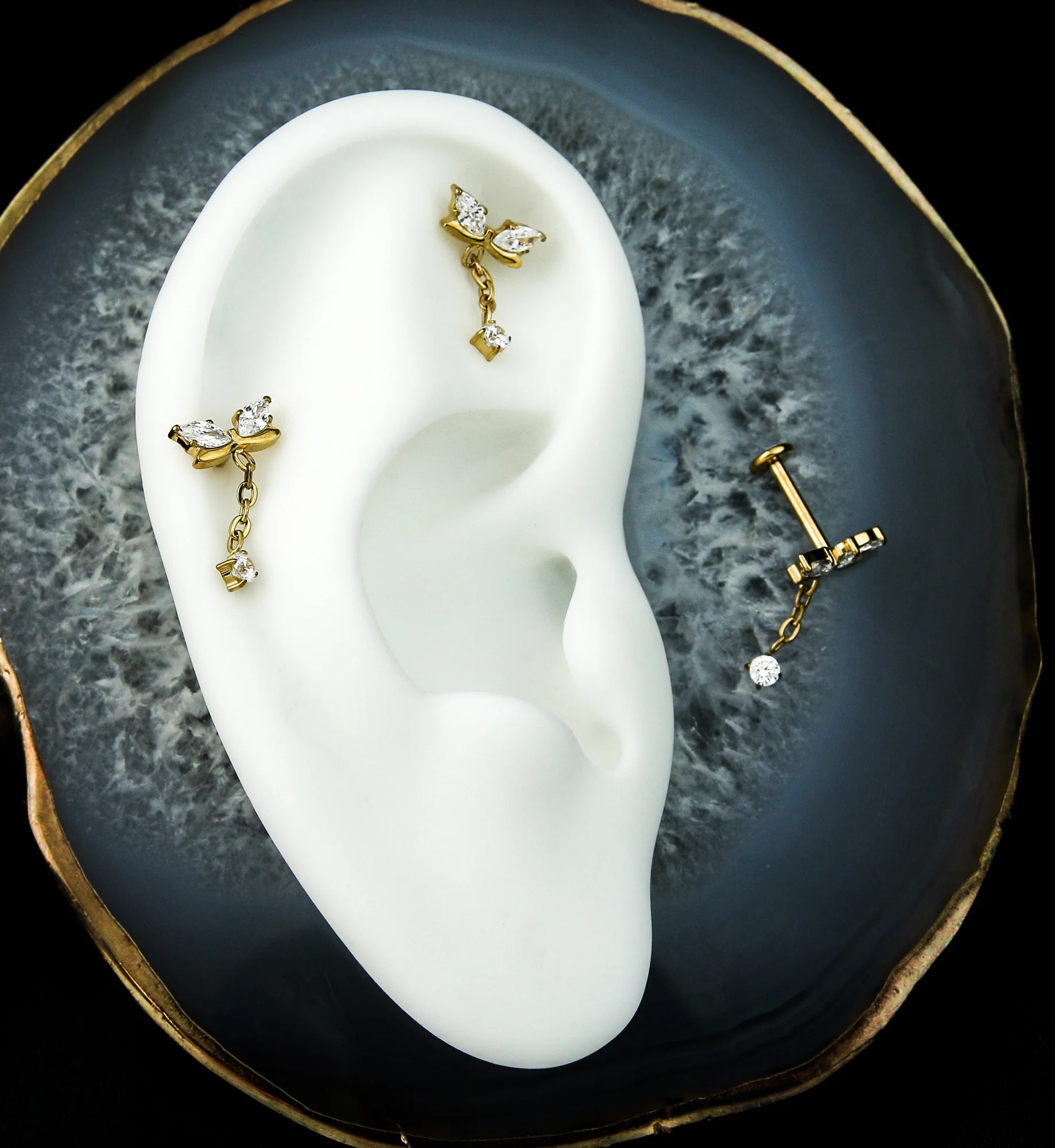 Gold PVD Marquise Bow Clear CZ Dangle Internally Threaded Titanium Labret Post - Image 2