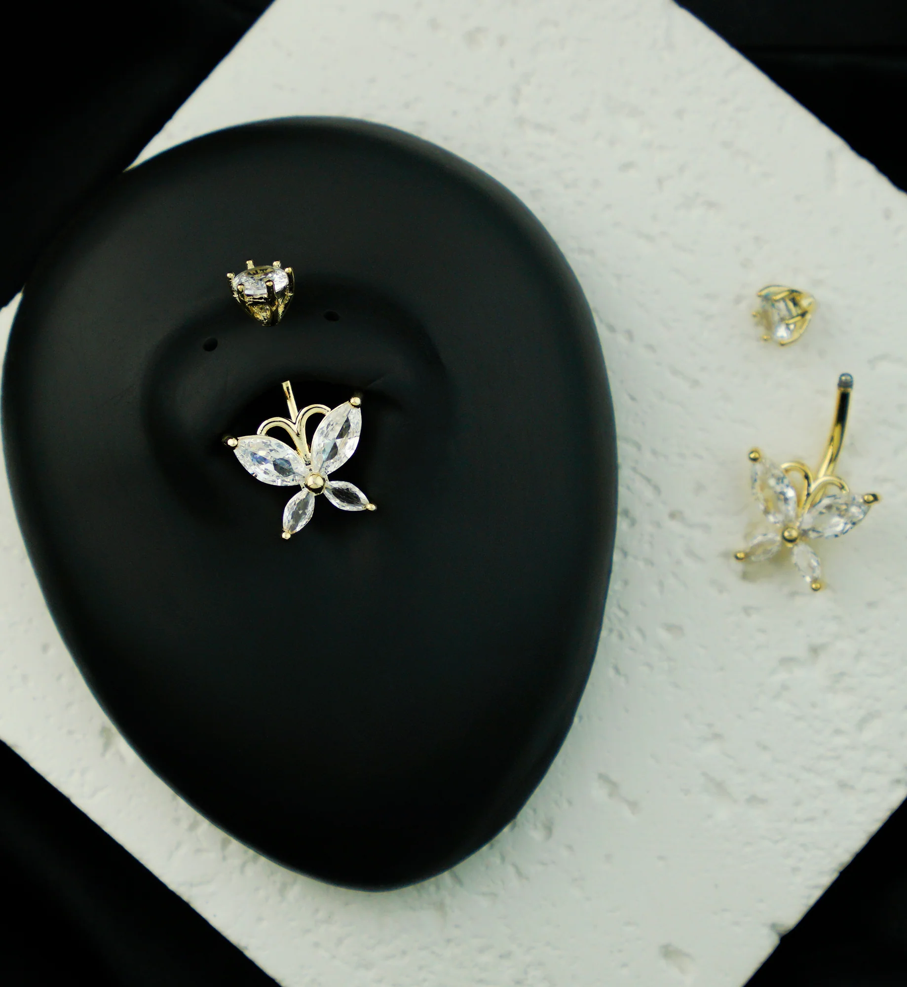 Gold PVD Marquise Butterfly Clear CZ Stainless Steel Belly Button Ring - Image 2