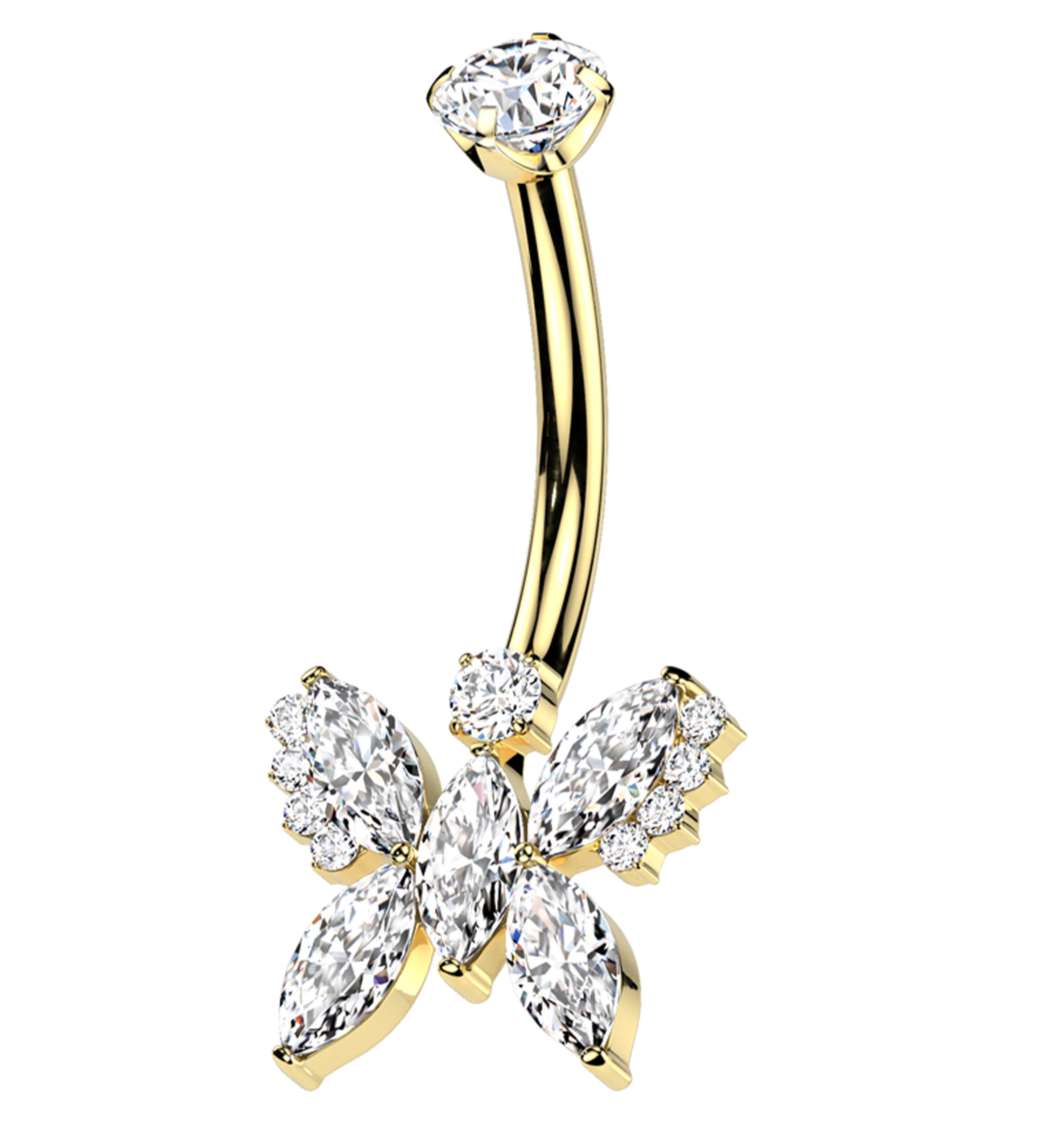 Gold PVD Marquise Butterfly Clear CZ Titanium Internally Threaded Belly Button Ring