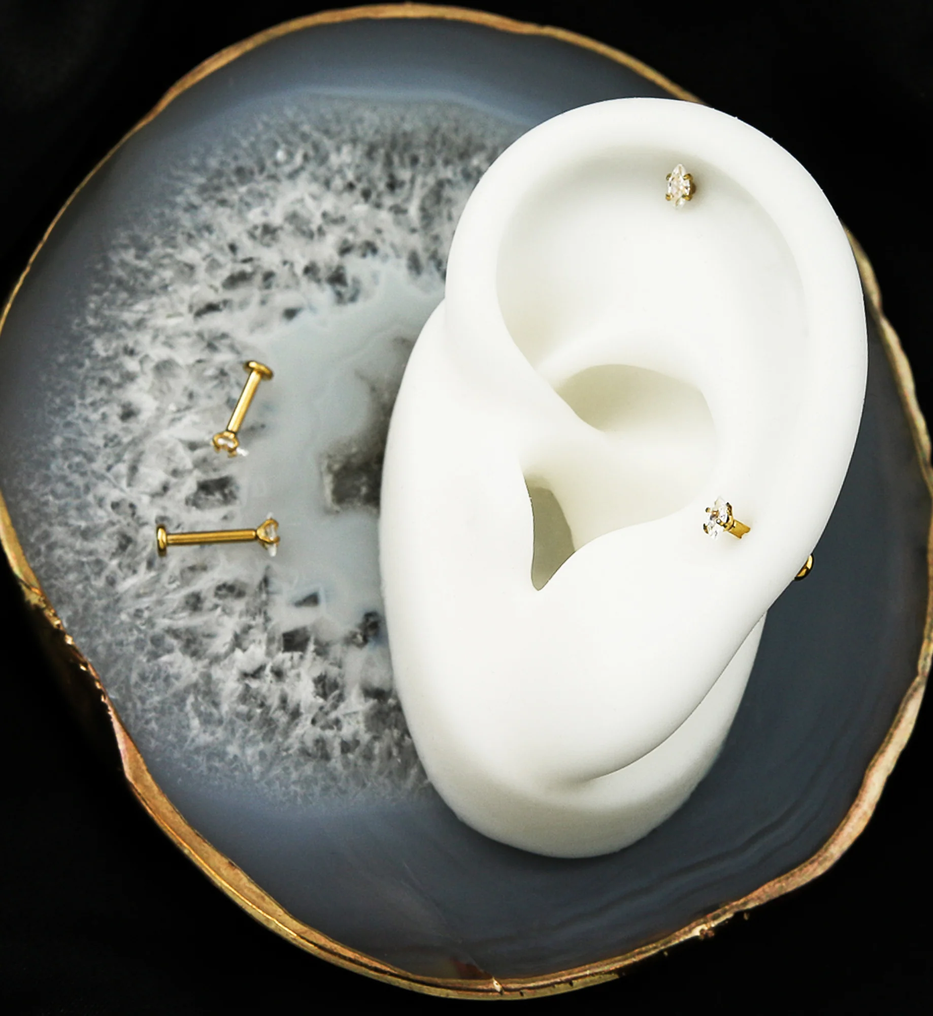 Gold PVD Marquise Clear CZ Internally Threaded Titanium Labret Post - Image 2