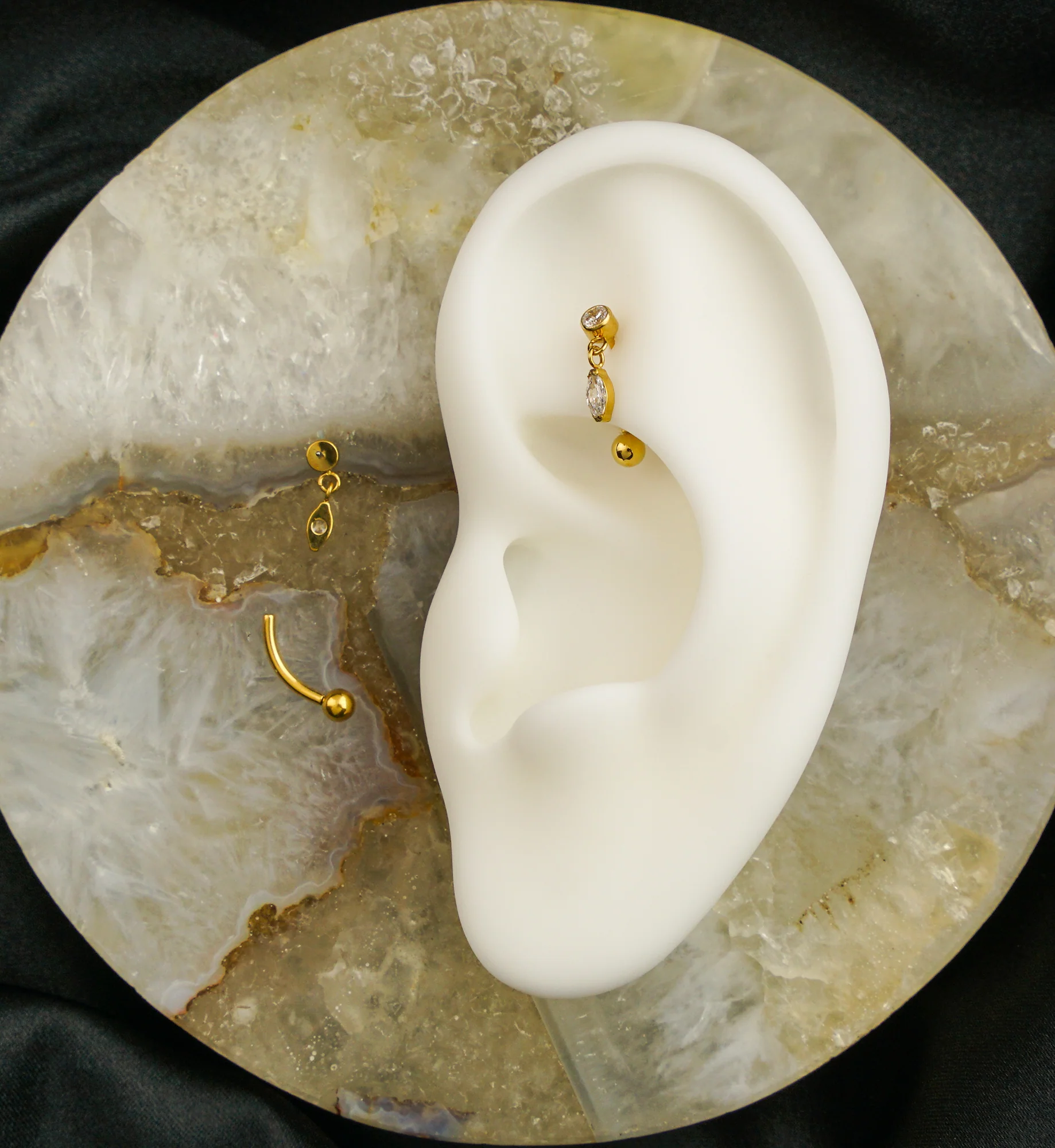 Gold PVD Marquise Dangle Clear CZ Titanium Threadless Curved Barbell - Image 2