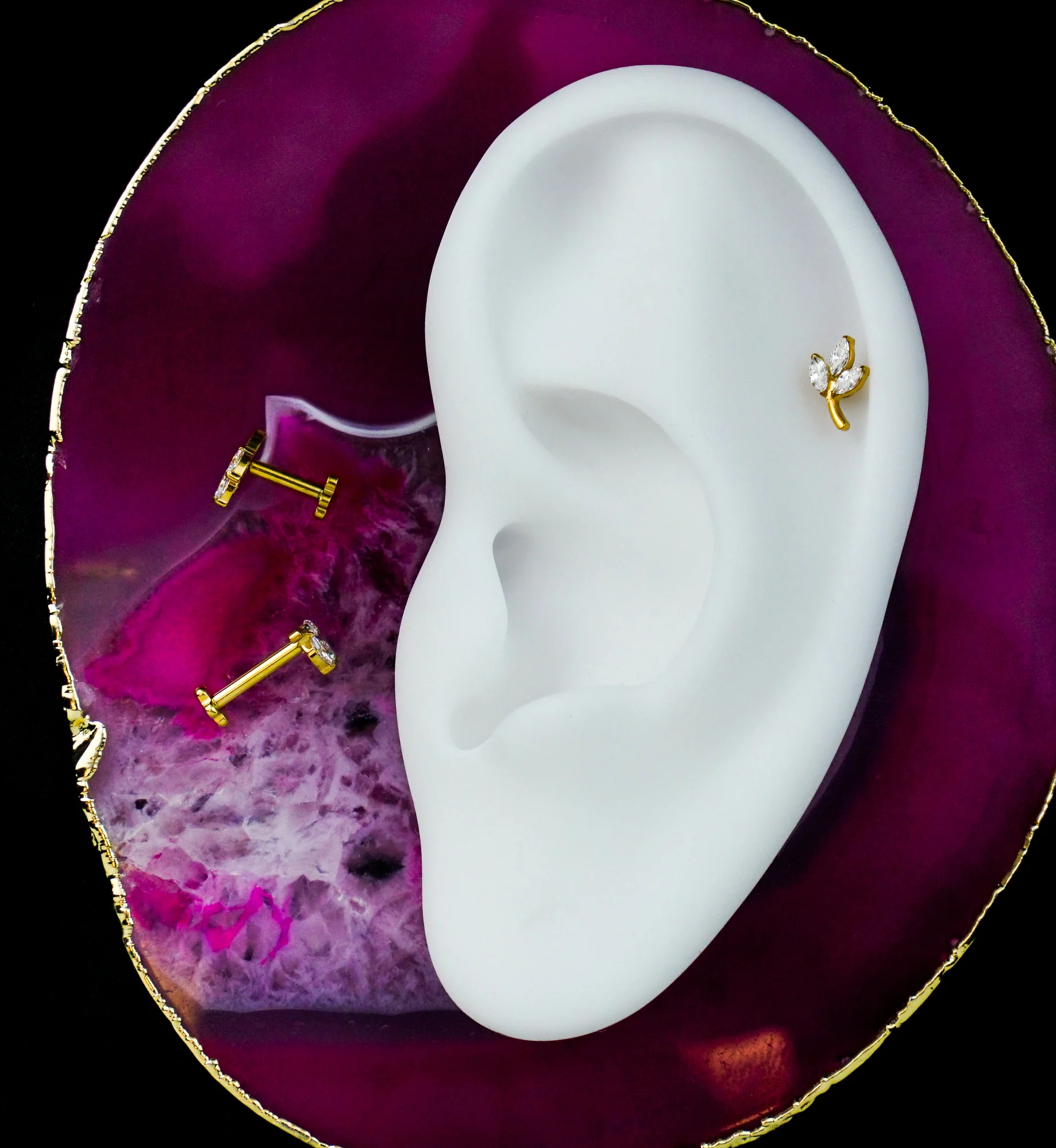 Gold PVD Marquise Leaf Clear CZ Flower Back Titanium Threadless Labret - Image 2