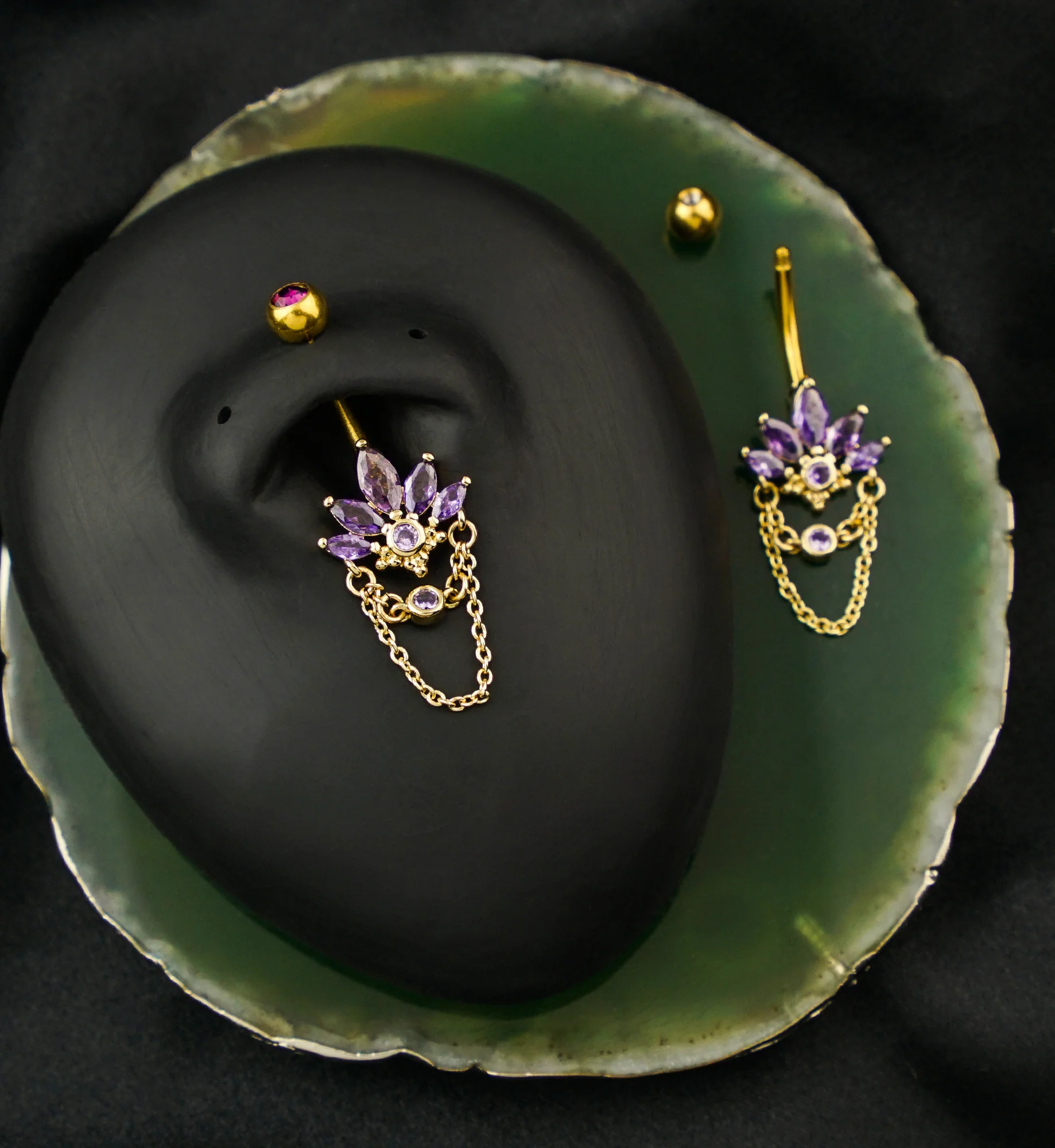 Gold PVD Marquise Lotus Amethyst CZ Dangle Chain Stainless Steel Belly Button Ring - Image 2