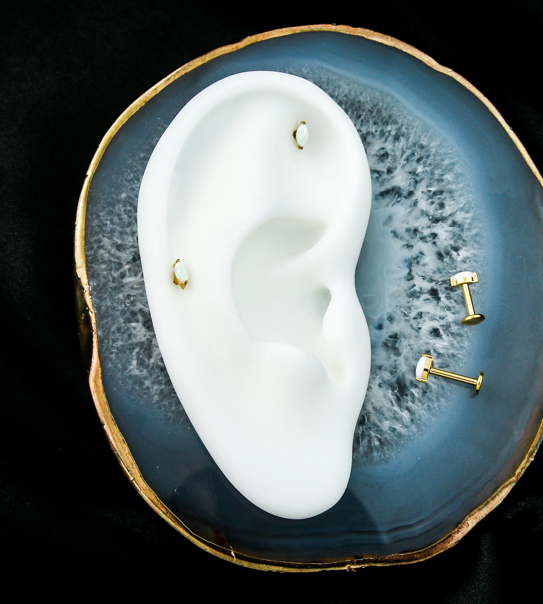 Gold PVD Marquise White Opalite Internally Threaded Titanium Labret - Image 2
