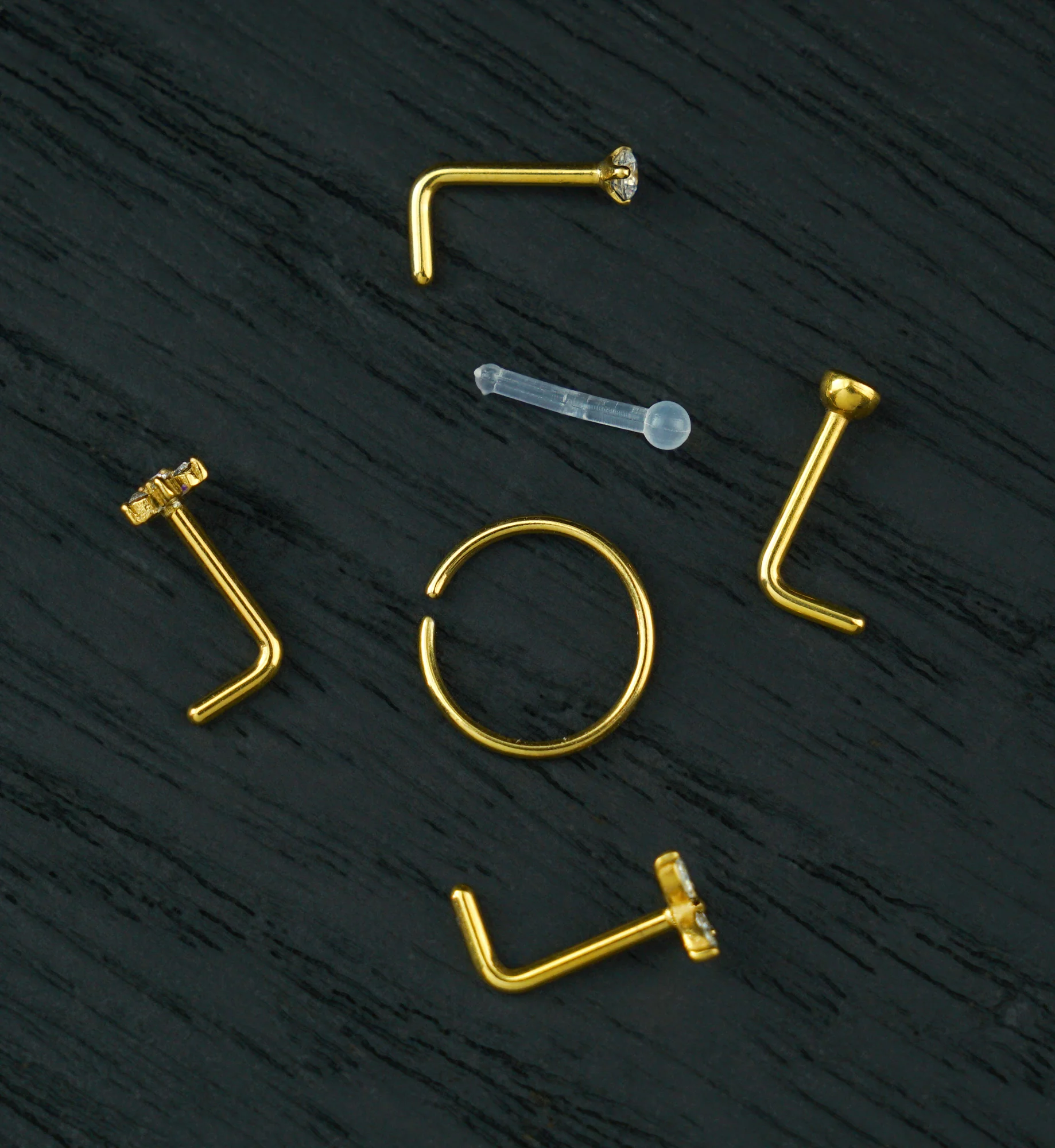 Gold PVD Meadow Clear CZ Stainless Steel L Bend/Stud/Hoop Nose Ring Pack (6 Pc)