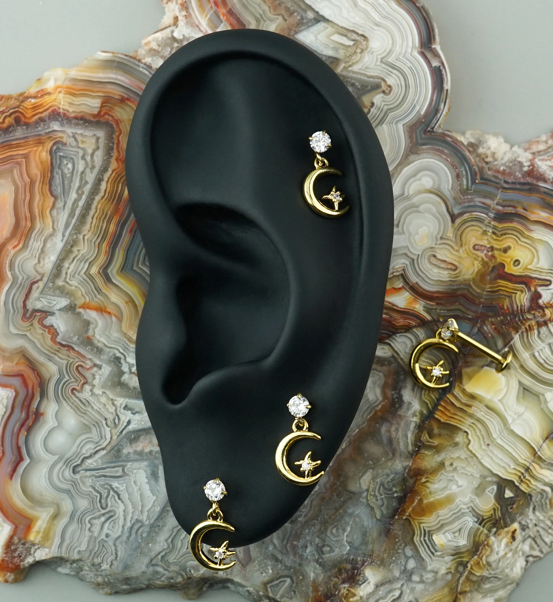 Gold PVD Midnight Phase Dangle CZ Stainless Steel Threadless Labret - Image 2