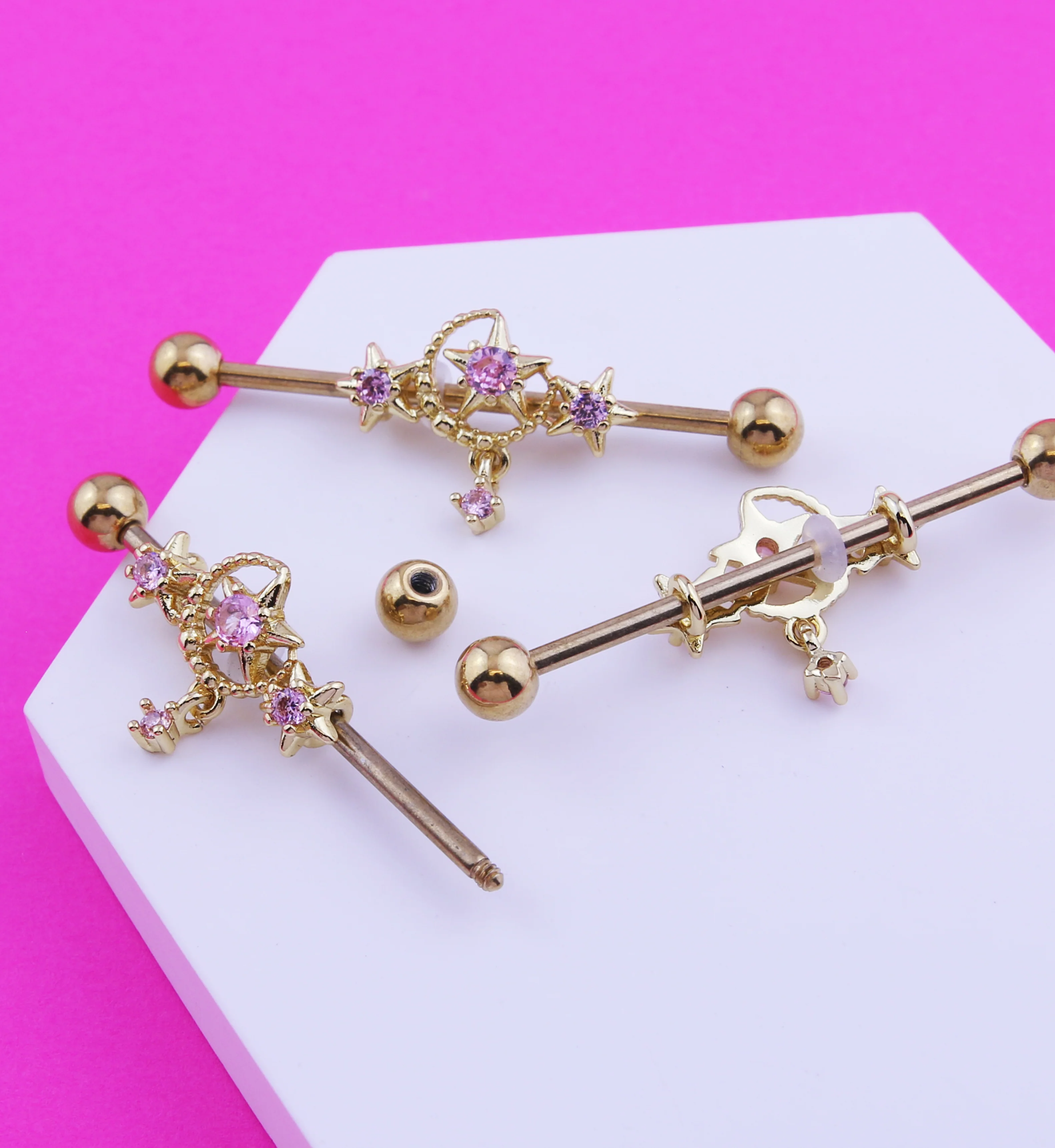 Gold PVD Moon and Stars Pink CZ Stainless Steel Industrial Barbell - Image 2
