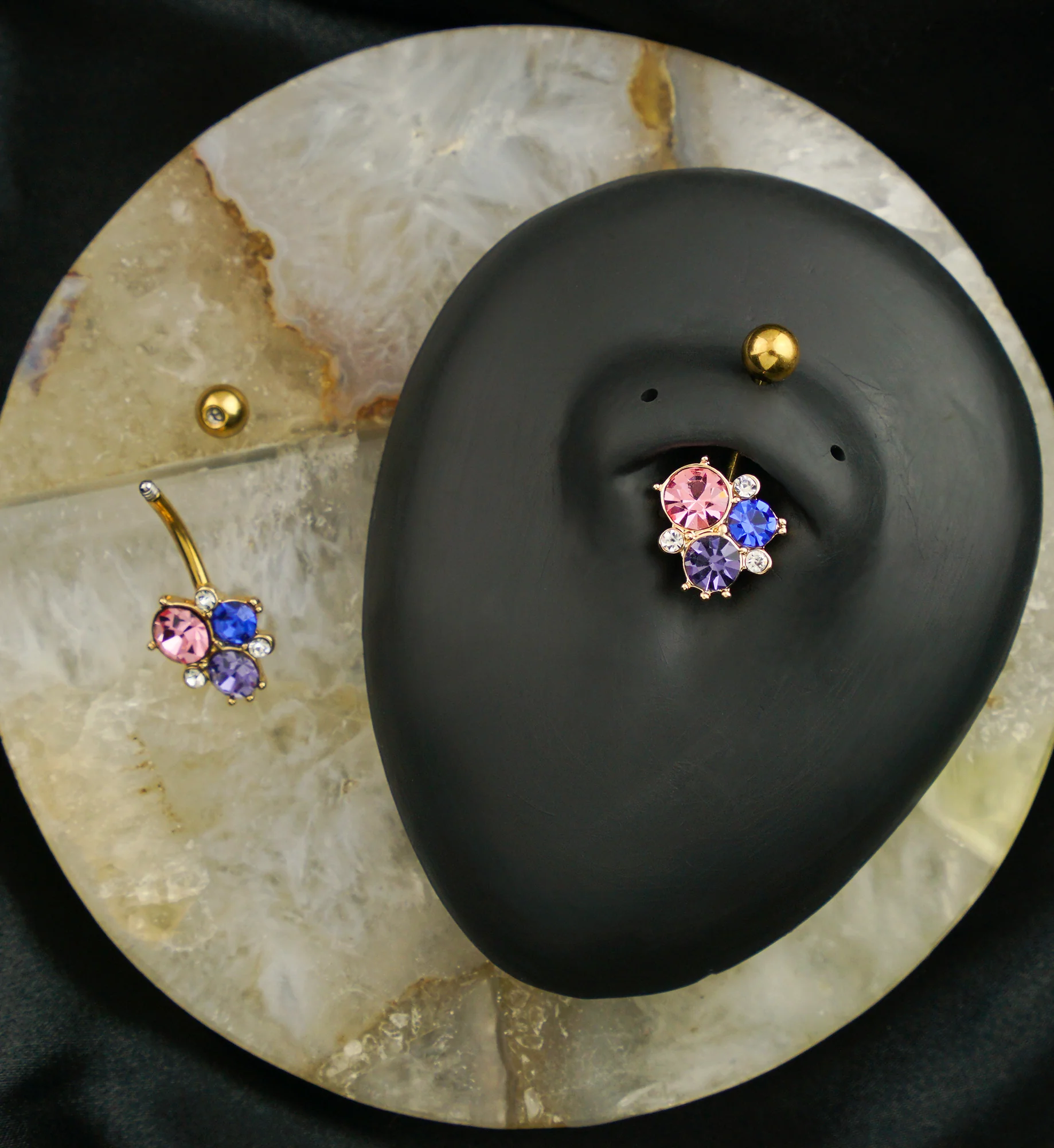 Gold PVD Multi-Color CZ Cluster Stainless Steel Belly Button Ring - Image 2