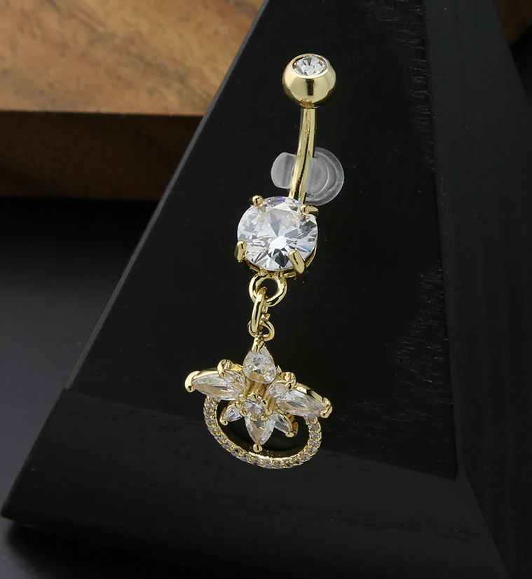 Gold PVD North Star Dangle CZ Stainless Steel Belly Button Ring - Image 2